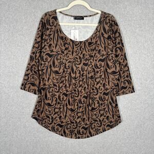 Bon‎ Apple Tea Tunic Top Large Flowy Scroll Artsy Abstract Lagenlook Neutrals
